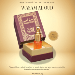 Wasam Al Oud perfume bottle with golden Arabic detailing on a dark royal background — premium Arabic fragrance with pure oud and amber notes